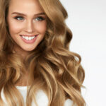 Beautiful Curly Hair. Smiling Girl With Healthy Wavy Long Blonde Hair. Portrait Happy Woman With Beauty Face, Sexy Makeup And Perfect Hair Curls. Volume, Hairstyle, Hairdressing Concept. High Quality